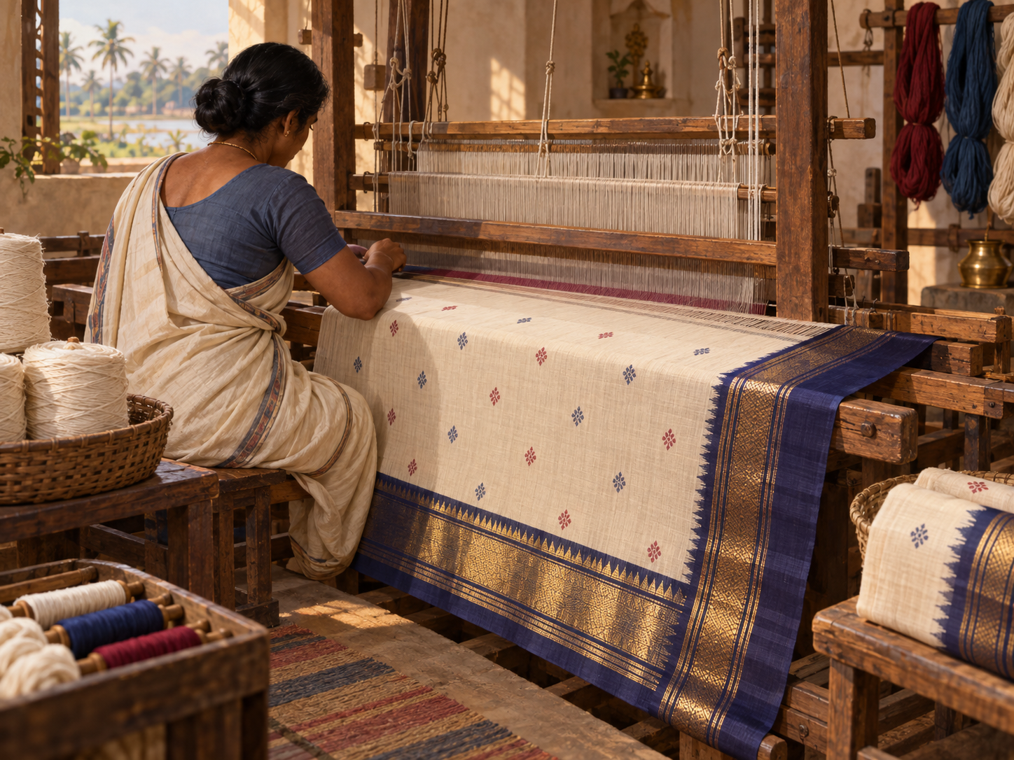 SUMAHAA editorial illustration of an artisan weaving a Chirala-inspired cotton handloom saree