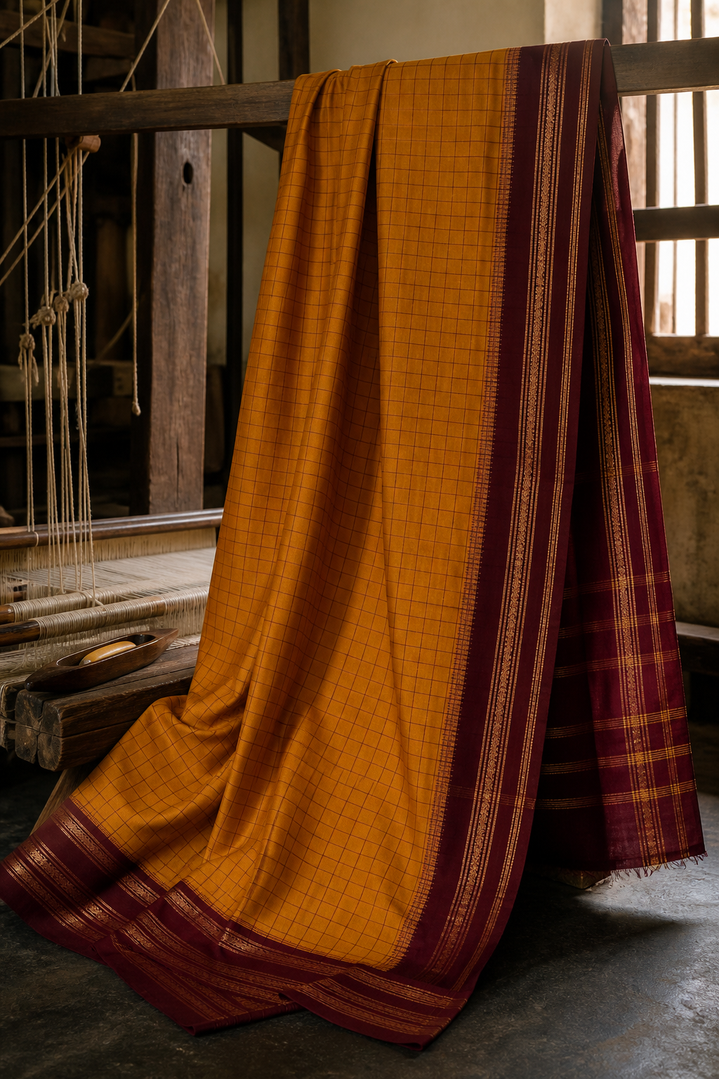 Mustard and maroon Narayanpet-inspired checked saree beside a handloom